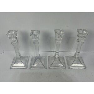 Lead Crystal Clear Glass Art Deco Candlesticks Square Base Tapers (4) Nice Ring